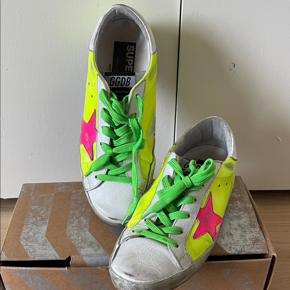 Golden Goose Neon Yellow and Pink Star Sneakers